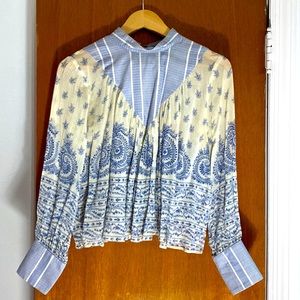 Sea New York cream and blue paisley mixed cotton and silk blouse